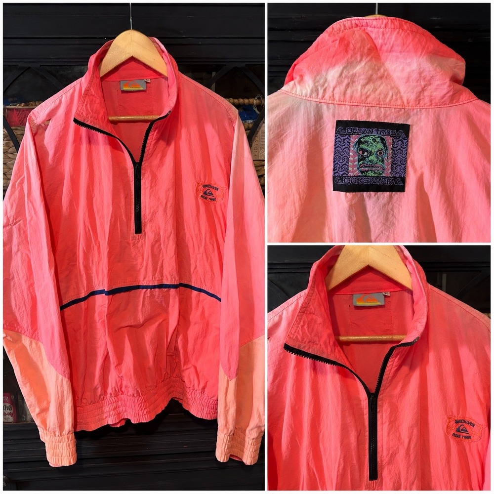 Quiksilver Windbreaker Mens Medium Pink Vintage 80s Ocean Tribe Half Zip